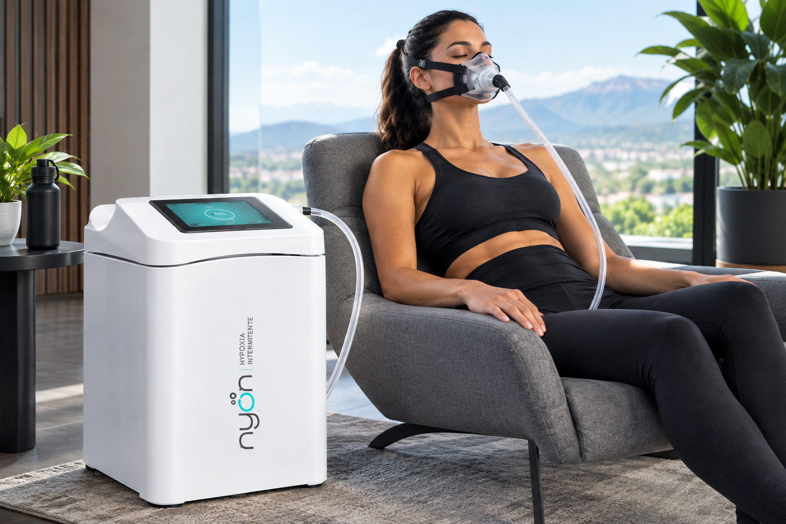 Mujer sentada en un sillón en consulta, respirando a través de una mascarilla conectada a un equipo de hipoxia intermitente, junto a un ventanal con vista a las montañas.